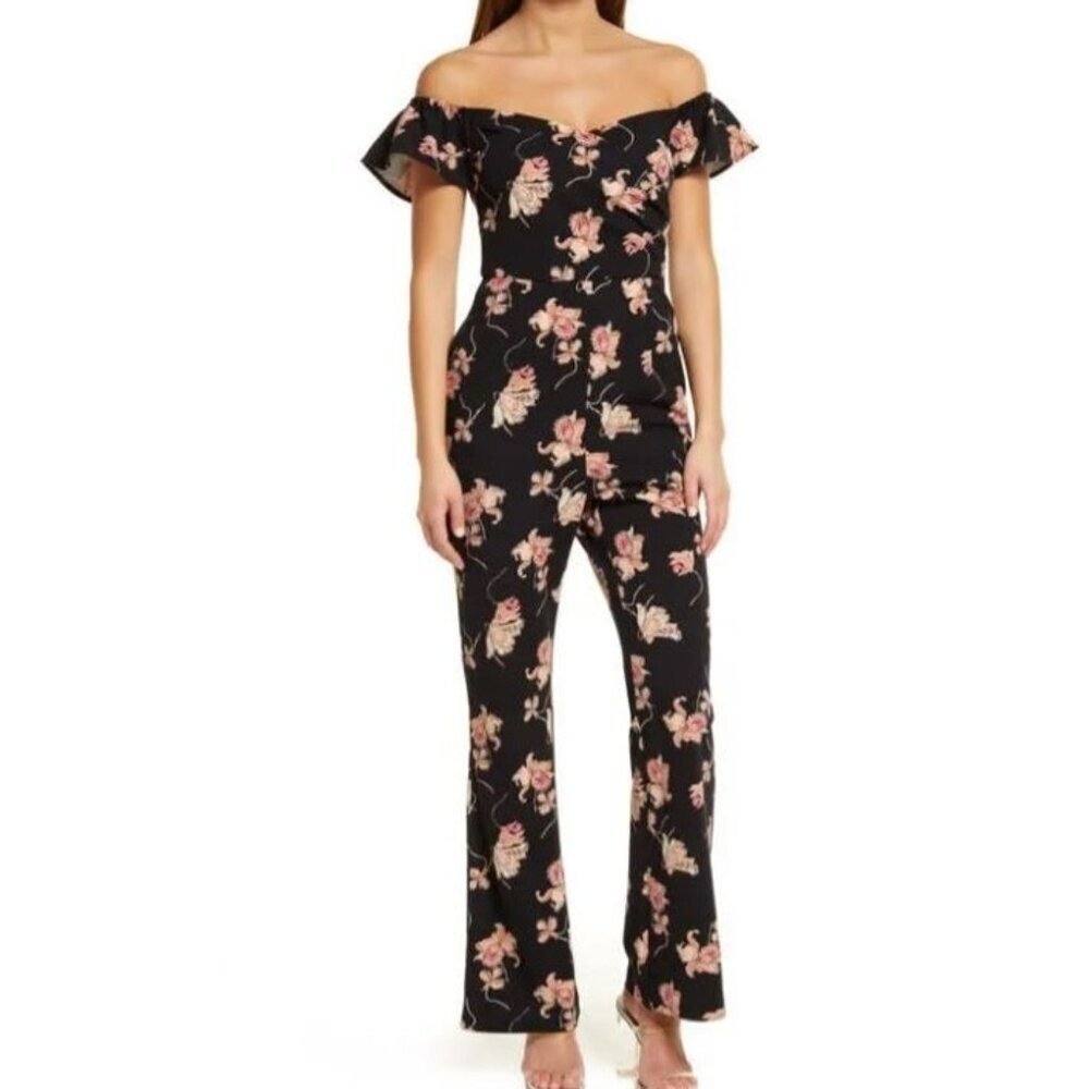Chelsea28 Women's Jumpsuit Black Pink Orchids Off the Shoulder Flutter Medium